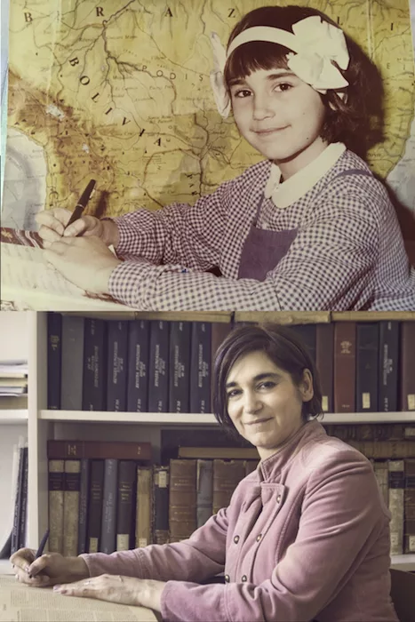 Oana Valentina Suciu, diptic vertical: o fotografie din copilărie, la hartă, alături de un portret de adult în bibliotecă