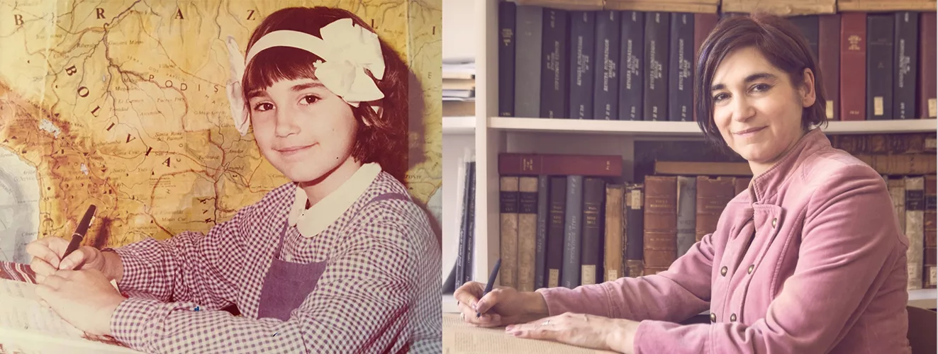 Oana Valentina Suciu, diptic: fotografia din copilărie alături de portretul de adult din bibliotecă
