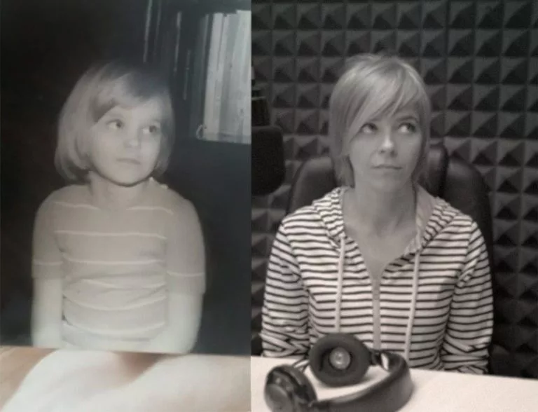 Gianina Corondan, diptic: o fotografie din copilărie alături de un portret în cabina de înregistrare
