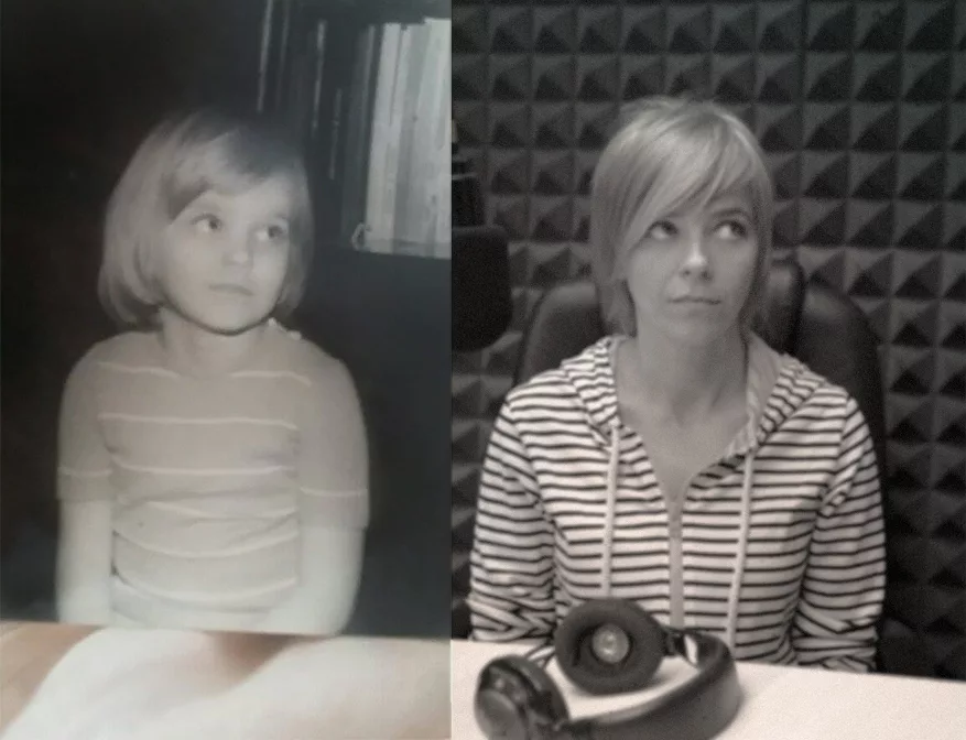 Gianina Corondan, diptic: o fotografie din copilărie alături de un portret în cabina de înregistrare